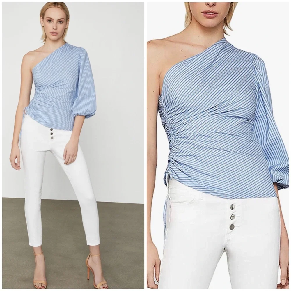 BCBGMaxAzria Blue Striped Ruched Poplin Top Size Small - Picture 2 of 15